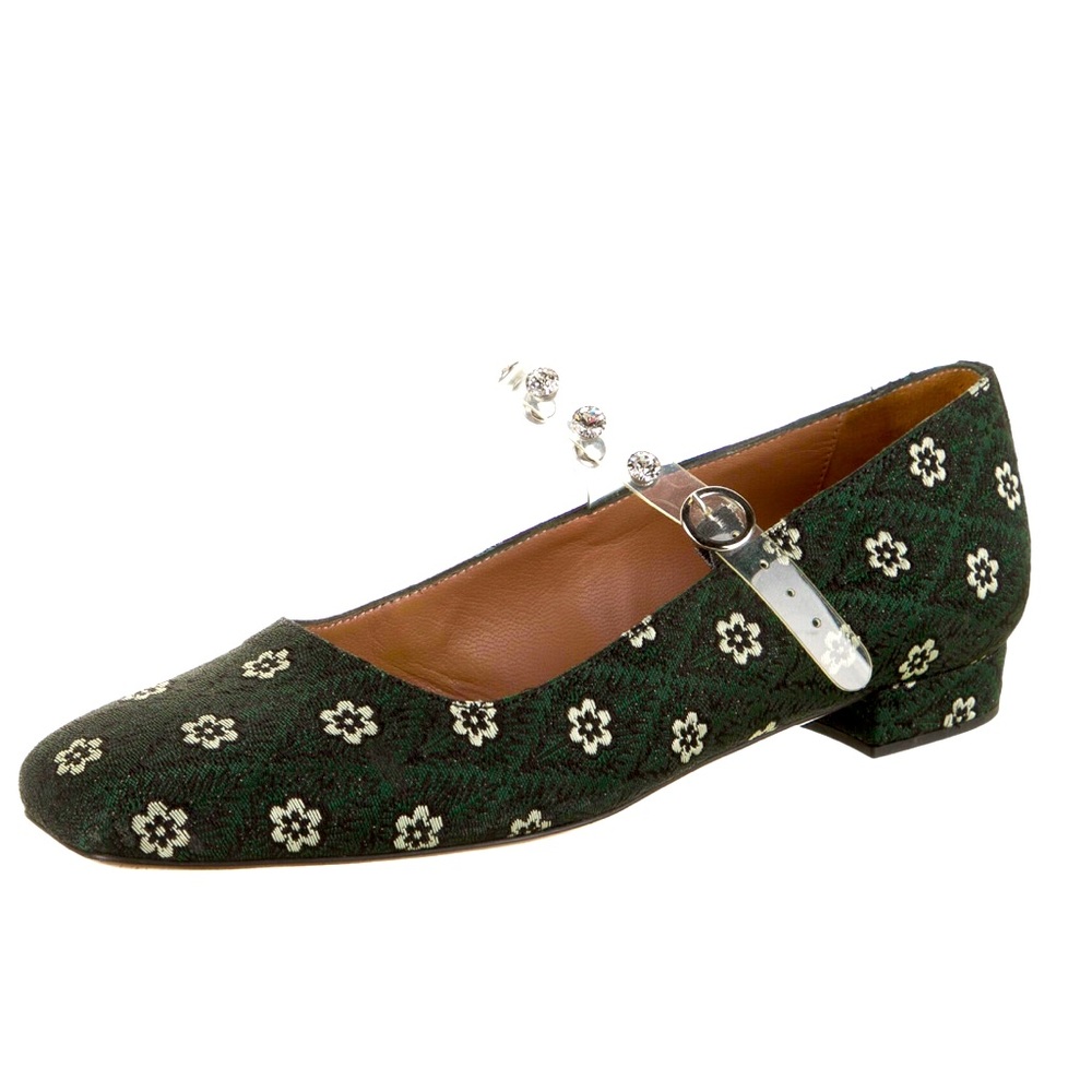 ALEXACHUNG Floral Print Crystal Embellishments Mary Jane Flats